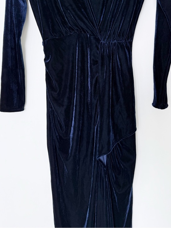 Zara Navy Velvet Wrap Midi Dress Ruched Slit Elegant Evening Size S - Picture 8 of 16